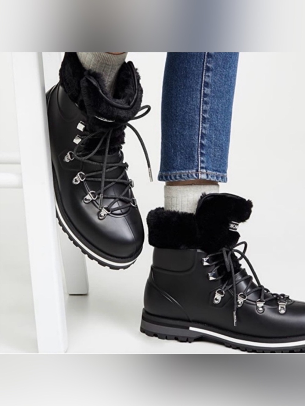 Michael Kors Black Lanis PVC & Faux Fur Rain Boot Sz 9 Reflective Laces